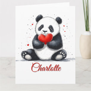Cartão Cute Panda Segurando Coração com Nome Personalizáv