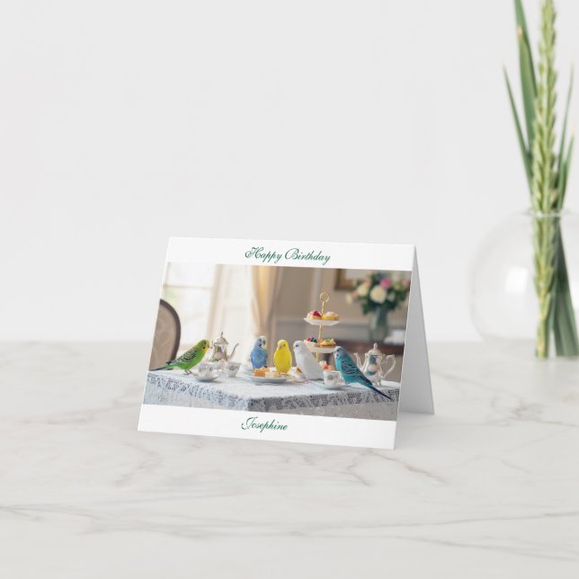 Cartão Cute Parakeet Budgies Afternoon Tea Birthday (Frente)