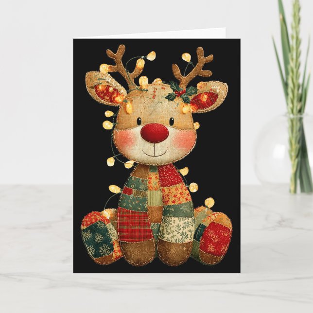 Cartão Cute Patchwork Reindeer Christmas Xmas Men Women K (Frente)
