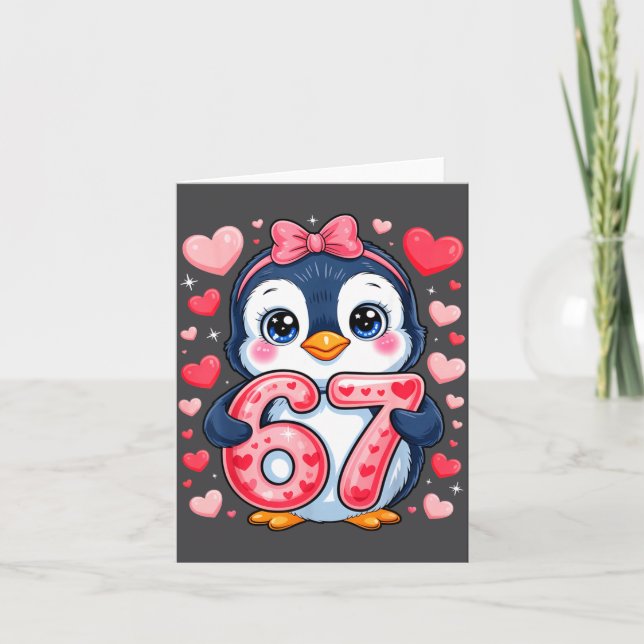 Cartão Cute Penguin 67 Six Seven Valentine Hearts 6 7 Mem (Frente)