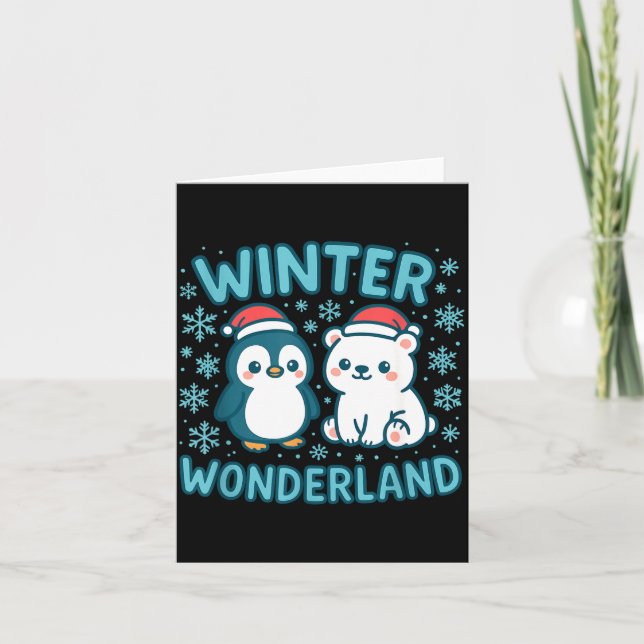 Cartão Cute Penguin And Lar Bear Winter Wonderland Christ (Frente)