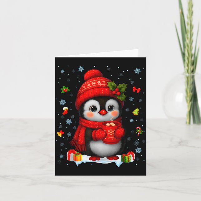 Cartão Cute Penguin Drink Hot Cocoa Christmas Xmas Men Wo (Frente)