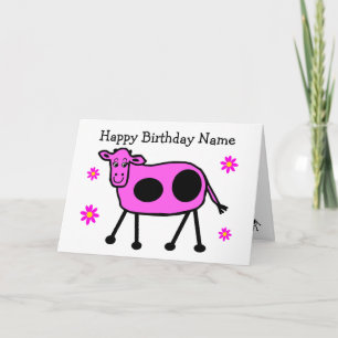 Cartão Cute Pink Cow and Flowers Cartoon Birthday
