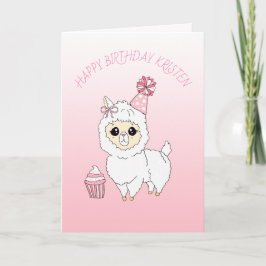 Cartão Cute Pink Llama Girl's Personalized Happy Birthday
