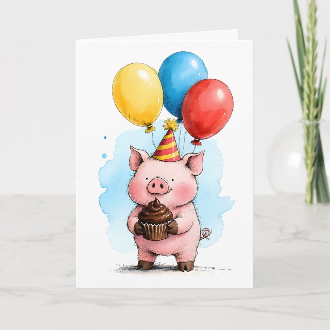 Cartão Cute Pink Pig with Cupcake Kid's Happy Birthday (Frente)