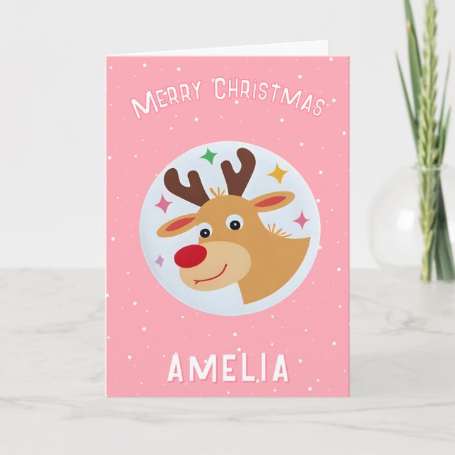 Cartão Cute Pink Reindeer Kid`s Name Merry Christmas (Frente)