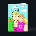 Cartão Cute Pony and Girl Birthday<br><div class="desc">Cute cartoon of a pony and little girl. Palamino pony, little girl is wearing a pink top with a white monogram. Easily personalise this card by changing the inital on the girl's top. Edit the template text. Inside the card reads 'Happy Birthday' and you can insert the name of your...</div>