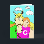 Cartão Cute Pony and Girl Birthday<br><div class="desc">Cute cartoon of a pony and little girl. Palamino pony, little girl is wearing a pink top with a white monogram. Easily personalise this card by changing the inital on the girl's top. Edit the template text. Inside the card reads 'Happy Birthday' and you can insert the name of your...</div>