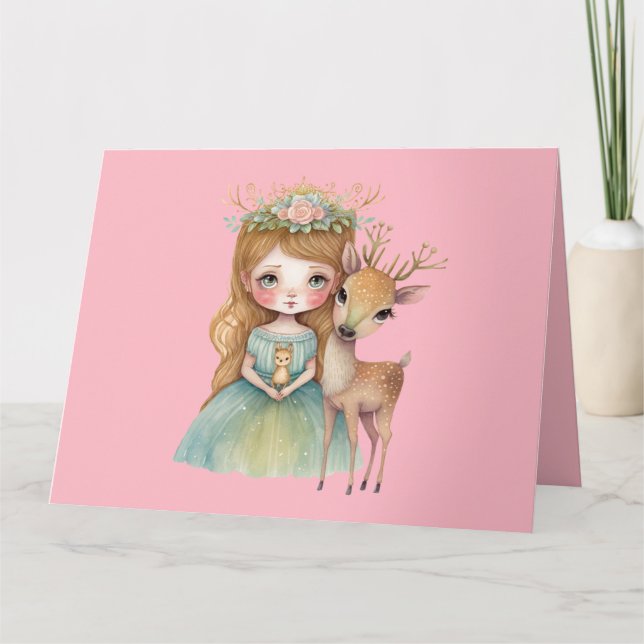 Cartão Cute Princesa e Bebê Veado Saudação (Frente)