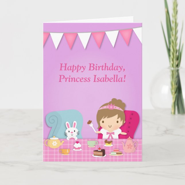 Cartão Cute Princess Bunny Tea Party Birthday Greeting (Frente)