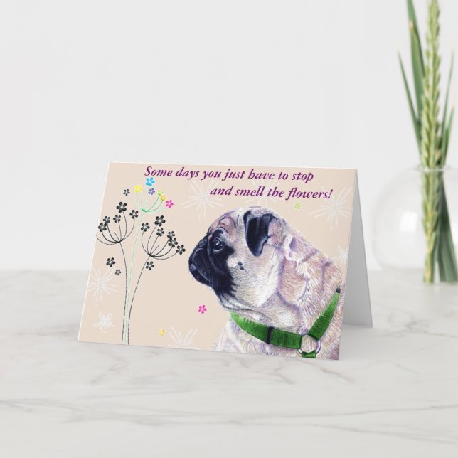 Cartão Cute Pug and Flowers Greeting Card (Frente)