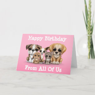 Cartão Cute Puppies, Kitten and Bunny Pet Portrait Pink