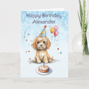 Cartão Cute Puppy com chapéu de festa no aniversário