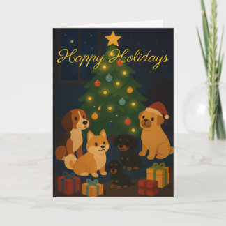 Cartão Cute Pups around the Tree Custom Christmas Card