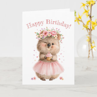 Cartão Cute Quokka Feliz Aniversário Saudação Floral