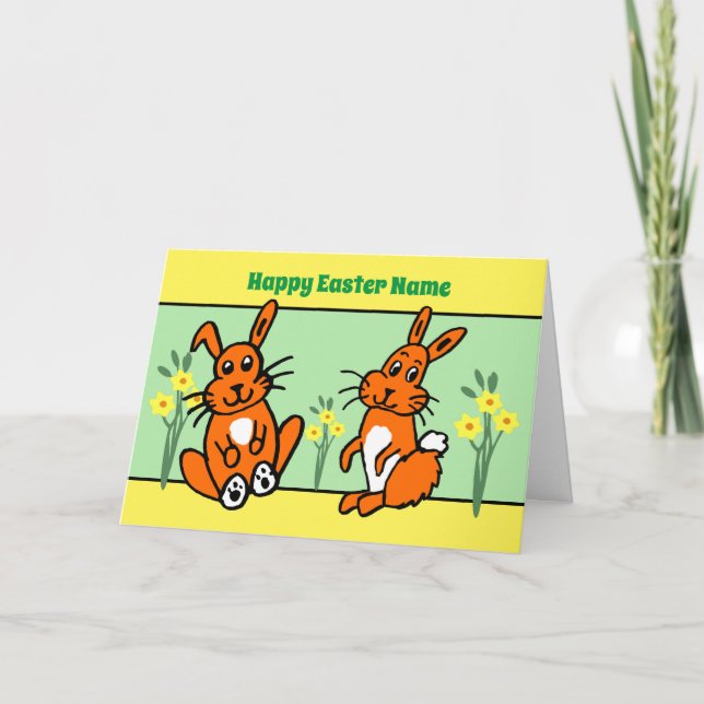 Cartão Cute Rabbits and Daffodils Easter Card (Frente)