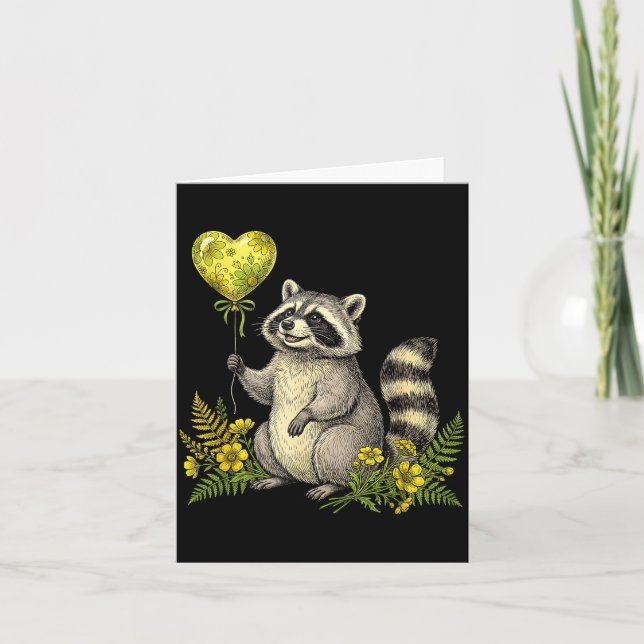 Cartão Cute Raccoon Balloon Heart Flowers Sweet Raccoon L (Frente)