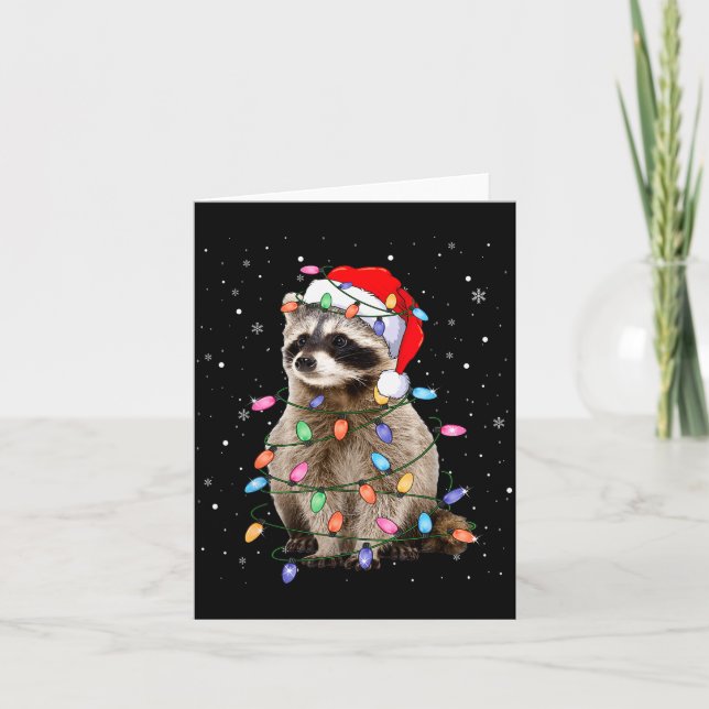 Cartão Cute Raccoon Christmas Tree Lights Pajama Raccoon  (Frente)