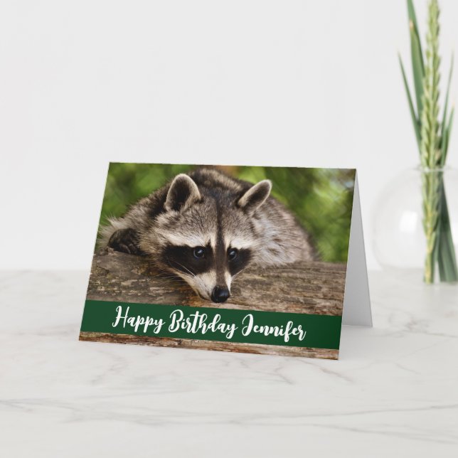 Cartão Cute Raccoon Descansa em um Log Aniversário (Frente)