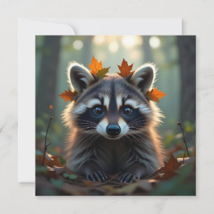 Cartão Cute Raccoon em Folhas de Queda