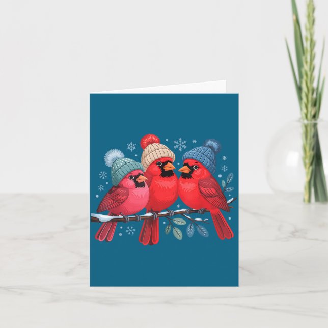 Cartão Cute Red Cardinals With Knitted Hats Winter Bird A (Frente)