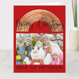Cartão Cute Red Gold Rainbow Family Photo Merry Christmas