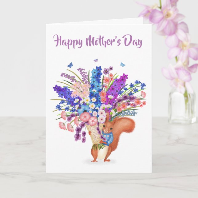 Cartão Cute red squirrel with flowers Mother's Day card (Orquídea)