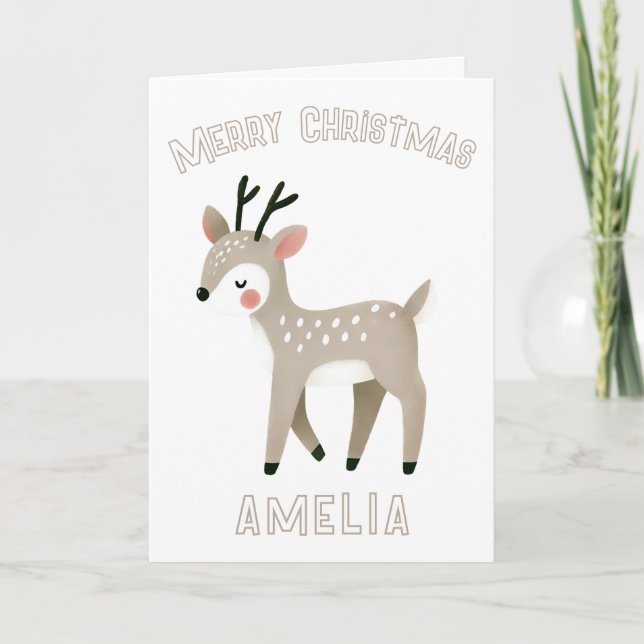 Cartão Cute Reindeer Kid`s Name Merry Christmas Holiday (Frente)