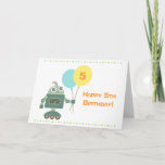 Cartão Cute Robot with Balloons, Kids Happy Birthday<br><div class="desc">Send your birthday wishes to the birthday boy with this cute greeting postcard which has a cartoon of a happy green robot on wheels. The robot is holding on to blue and yellow balloons. Dots pattern for border decorations. Colourful and adorable design for kids who love science fiction or robot...</div>