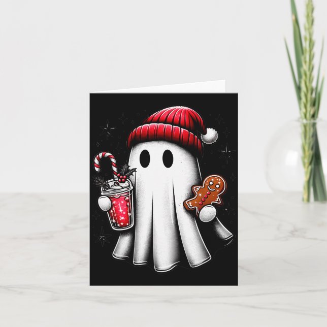 Cartão Cute Santa Ghost Drinking Coffee Ice Coffee Christ (Frente)
