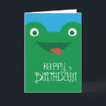 Cartão Cute Silly Frog Birthday Card<br><div class="desc">Cute and funny green frog illustration with blue background and charming "Happy Birthday" text.</div>