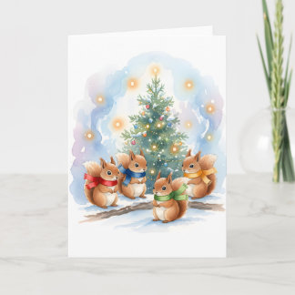 Cartão Cute Singing Woodland Squirrels Watercolor Holiday