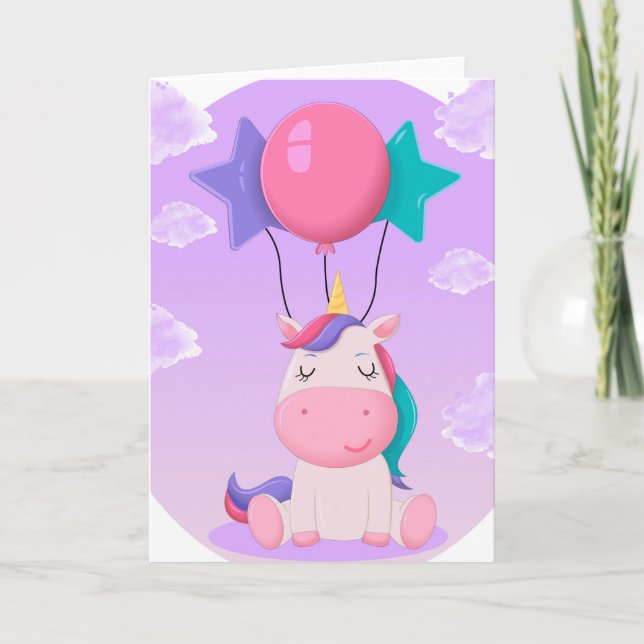 Cartão Cute Sitting Unicorn and Balloons Lilac (Frente)