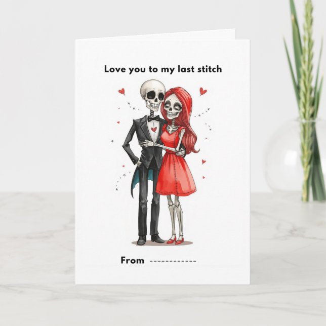 Cartão Cute Skeleton Couple Stitched Heart Valentine Card (Frente)