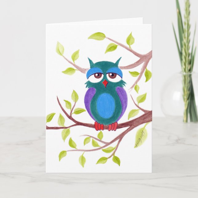 Cartão Cute sleepy owl on a tree cartoon painting (Frente)