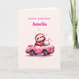 Cartão Cute Sloth in a Pink Convertible Birthday