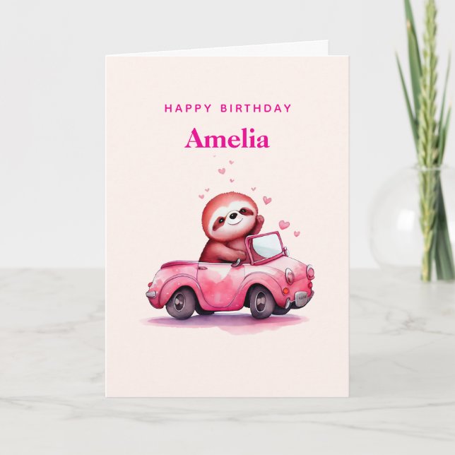 Cartão Cute Sloth in a Pink Convertible Birthday (Frente)