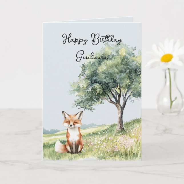 Cartão Cute Smiling Fox Field of Flowers Tree Birthday (Planta pequena)