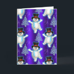 Cartão Cute Snowman Dancing Blue Christmas<br><div class="desc">A whimsical and cute Christmas card with a bunch of happy, dancing snowmen. They are surrounded by snow and pretty, silver metallic Christmas trees. Behind them is a brilliant blue background. This cute and colorful Christmas card will be sure to put a smile on the face of whoever receives it....</div>