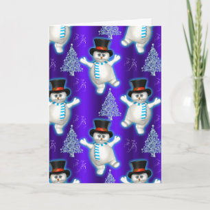 Cartão Cute Snowman Dancing Blue Christmas