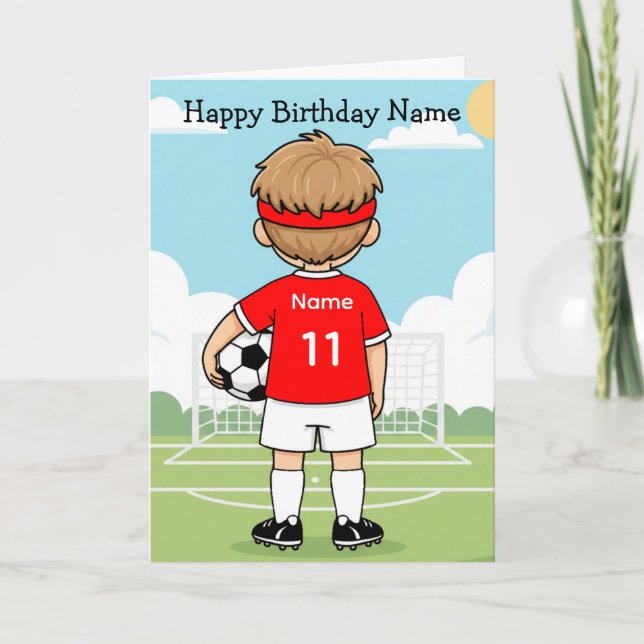 Cartão Cute Soccer Football Boy Red Shirt Birthday Card (Frente)