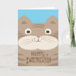 Cartão Cute Stripey Brown Cat Birthday Card<br><div class="desc">Cute,  simple stripey brown and tan cat illustration with blue background and charming "Happy Birthday" text.</div>