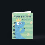 Cartão Cute T-Rex Dinosaur Children's Birthday<br><div class="desc">A cute birthday card with a dinosaur theme, this design features a large blue T-Rex dinosaur wearing a birthday crown. A background of green stripes and yellow confetti and stars adds color and fun to the design. Personalize with your child's name. The inside text may also be personalized with your...</div>