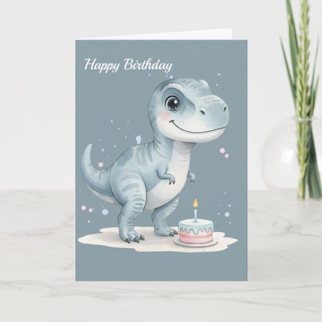 Cartão Cute T-Rex Dinosaur with Cake - Kids Birthday  (Frente)