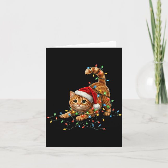 Cartão Cute Tabby Cat Christmas Funny Lights Xmas Cat In  (Frente)