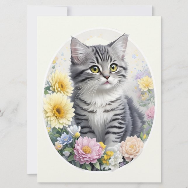 Cartão Cute Tabby Kitten e Garden Flowers (Frente)