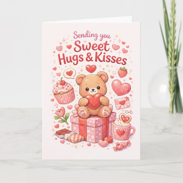 Cartão Cute Teddy Bear Sweet Hugs & Kisses Greeting Card  (Frente)