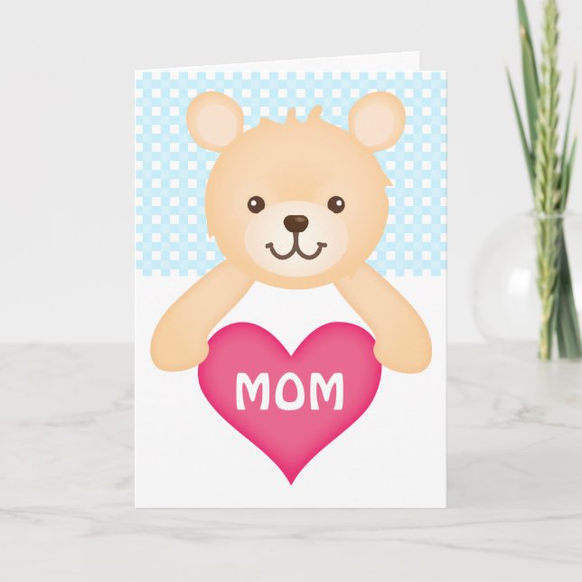Cartão Cute Teddy Bear with Mom's Heart (blue) (Frente)