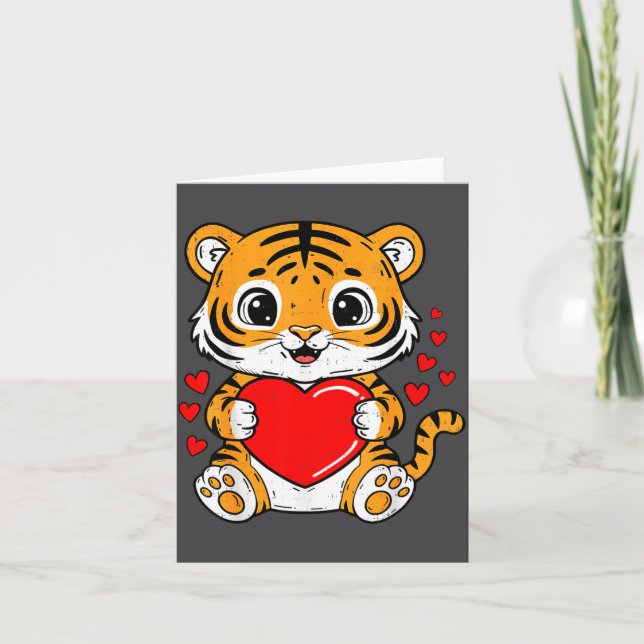 Cartão Cute Tiger Holding Heart Kawaii Valentines Day Men (Frente)