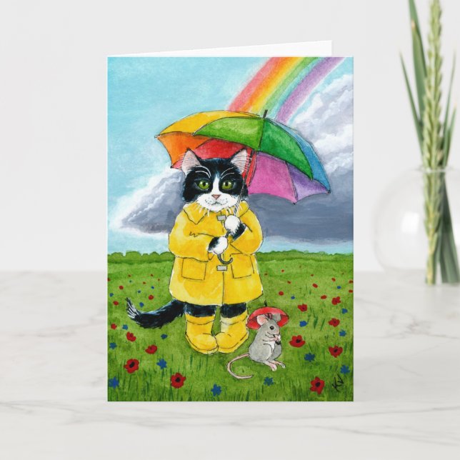 Cartão Cute tuxedo cat, mouse, rainbow umbrella (Frente)